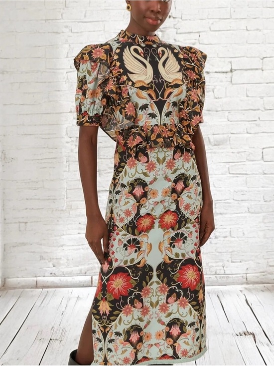 FARM Rio Dresses & Skirts - Floral Swan Print Puff-Sleeve Midi Dress - Black & Mint